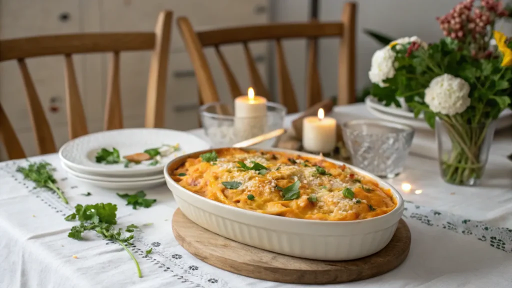 Baked cheesy pasta casserole in a white ceramic dish on a wooden board, surrounded by plates, candles, and flowers on a decorated dining table.