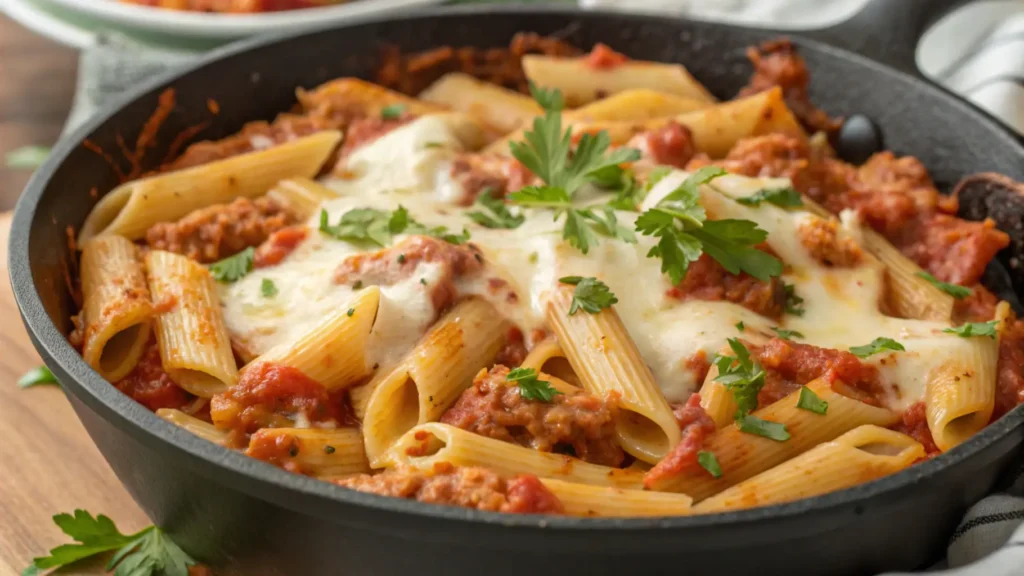 Baked penne pasta in a cast iron skillet with melted cheese, tomato meat sauce, and garnished with fresh parsley.