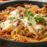 Baked penne pasta in a cast iron skillet with melted cheese, tomato meat sauce, and garnished with fresh parsley.