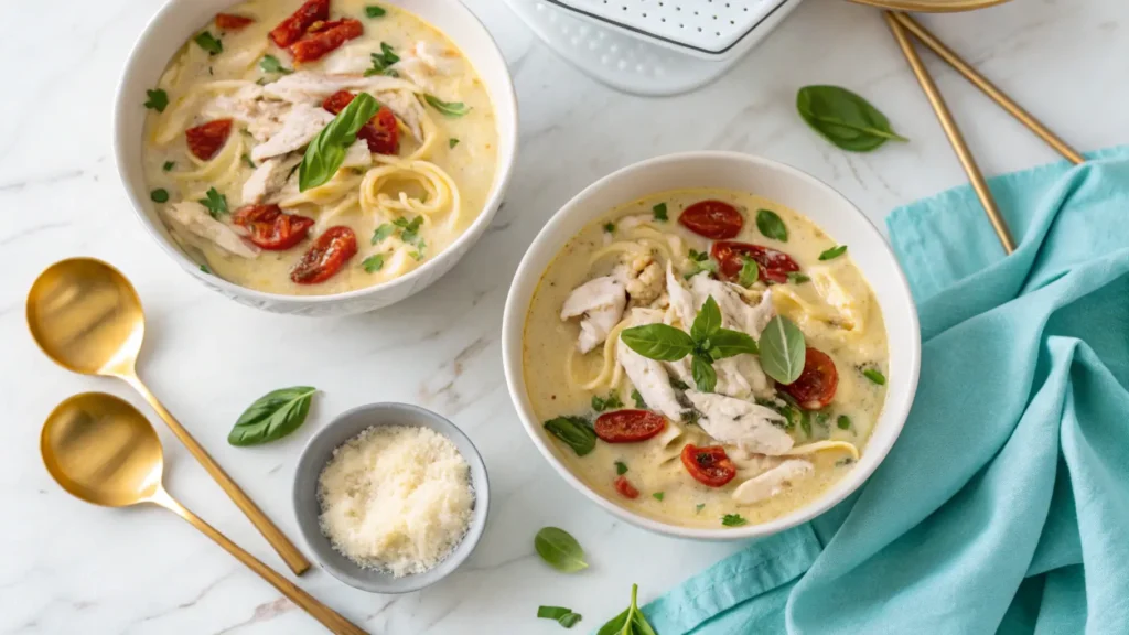 Creamy chicken pasta soup served in white bowls, garnished with fresh basil, cherry tomatoes, and shredded parmesan on a marble countertop.