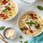 Creamy chicken pasta soup served in white bowls, garnished with fresh basil, cherry tomatoes, and shredded parmesan on a marble countertop.