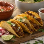 A rustic wooden board with four crispy birria tacos filled with tender shredded meat, garnished with fresh cilantro and diced onions, served with lime wedges, sliced radishes, and bowls of red salsa and consommé.