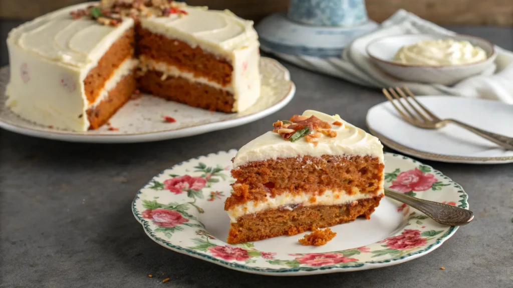 A slice of carrot cake with cream cheese frosting on a floral plate, with the rest of the cake in the background.