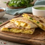 A crispy Egg Cheese Roti cut into triangles, filled with gooey melted cheese and fluffy scrambled eggs, served on a wooden board with mint chutney and spicy sauce.