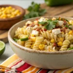 A bowl of Mexican street corn pasta salad with rotini pasta, grilled corn, crumbled cheese, jalapeños, and fresh cilantro, garnished with lime wedges.