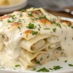 A close-up of a creamy Chicken Alfredo Lasagna slice topped with fresh parsley, served on a white plate with rich Alfredo sauce.