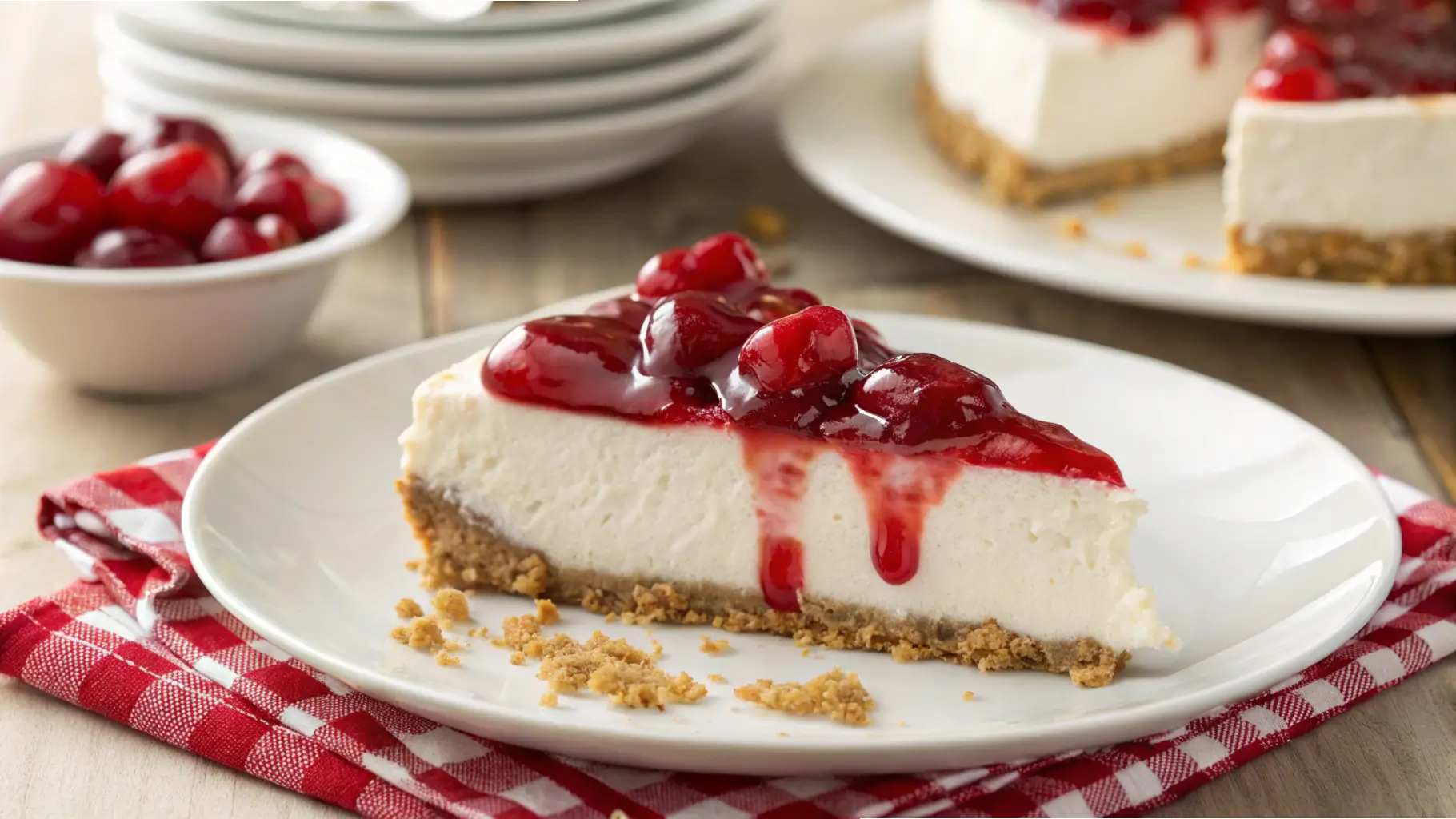 A slice of no-bake cherry cheesecake with a graham cracker crust, creamy filling, and glossy cherry topping on a white plate.