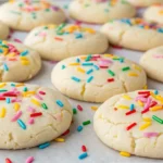Soft and chewy Funfetti Cookies topped with colorful rainbow sprinkles on parchment paper.