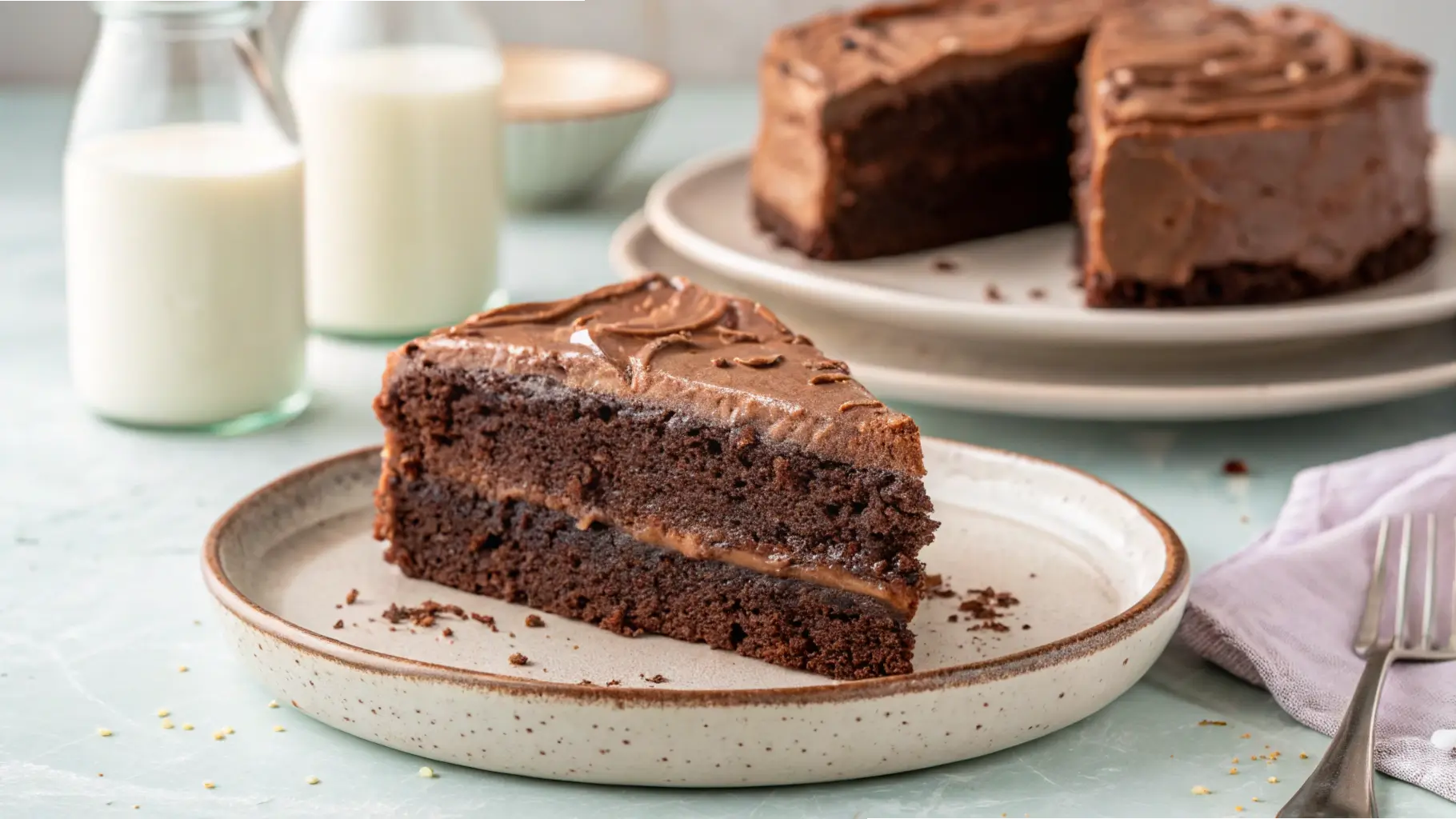 A slice of rich Matilda chocolate cake with fudgy frosting, served on a ceramic plate with glasses of milk in the background