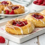 Freshly baked raspberry Danish pastries with icing drizzle, served on a rectangular white tray, garnished with fresh raspberries.