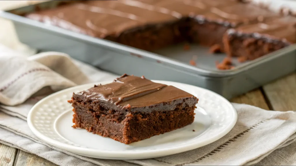 A slice of Texas sheet cake with buttermilk on a white plate, topped with glossy chocolate frosting, with the remaining cake in a baking pan in the background.