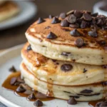 A stack of fluffy chocolate chip pancakes drizzled with maple syrup and topped with melted chocolate chips on a white plate.
