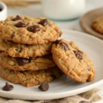 Stack of oatmeal chocolate chip cookies on a white plate with a bowl of chocolate chips and a glass of milk in the background.