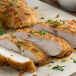 Crispy baked chicken cutlets sliced and served with lemon wedges and fresh parsley on a baking tray.